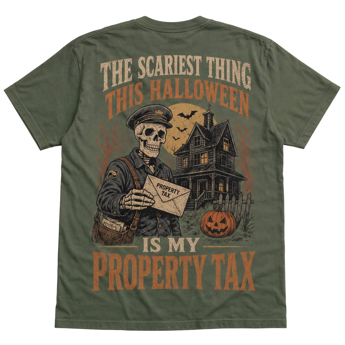 WearTheJoke.com olive green cotton t-shirt with vintage skeleton mailman and haunted house Halloween graphic print